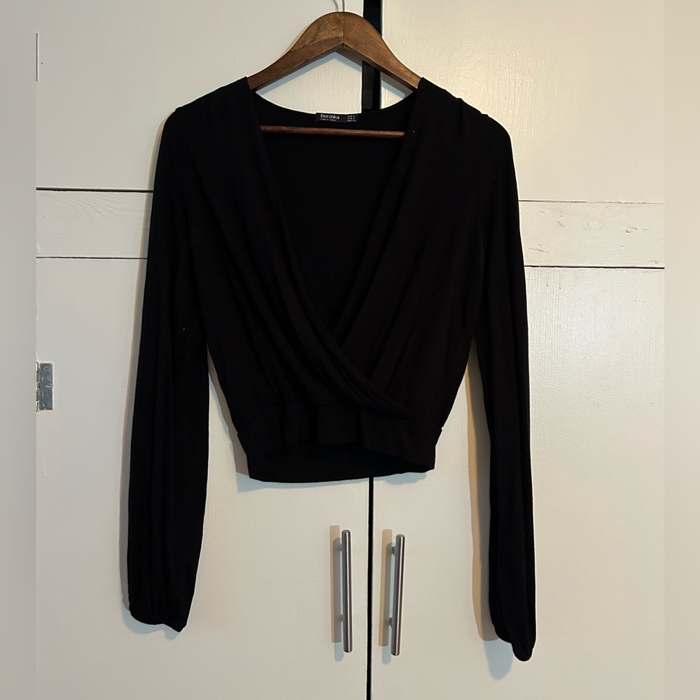 Bershka small long sleeve black wrap top slightly cropped